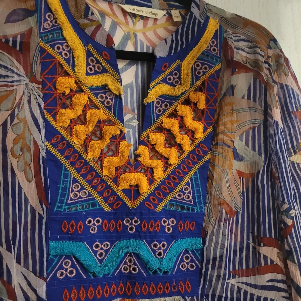 Soft Surroundings Tory Tunic Boho Floral Stripe Print Top Tassel Sheer Sz Large - Picture 13 of 15